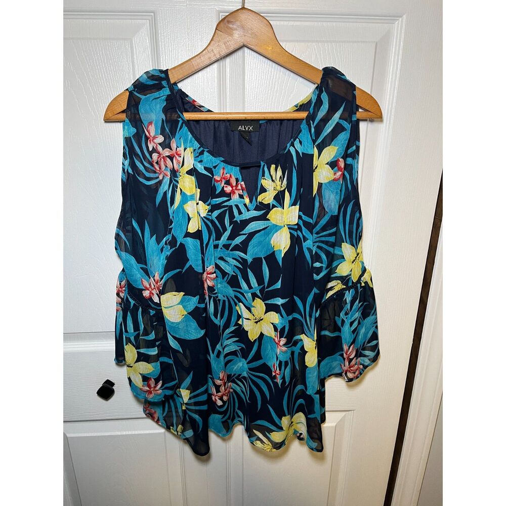 Alyx Tropical Floral Cold Shoulder Blouse Womens XXL Blue Sheer Boho Top